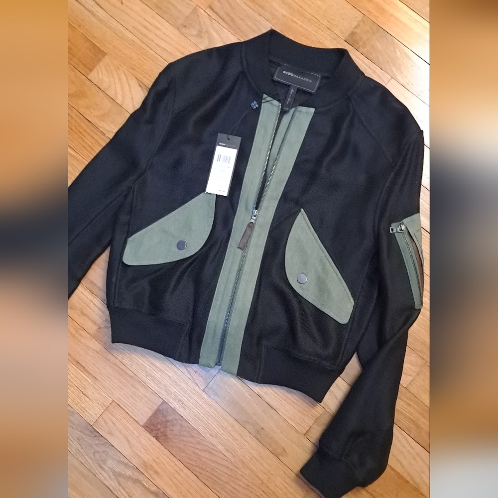 BCBGMaxAzria Black and Olive Bomber Jacket